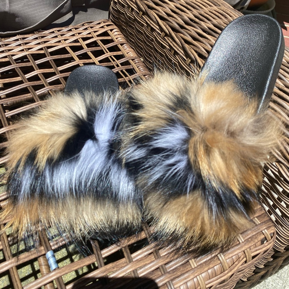 Brown/skunk Faux fur slides - multiple sizes available